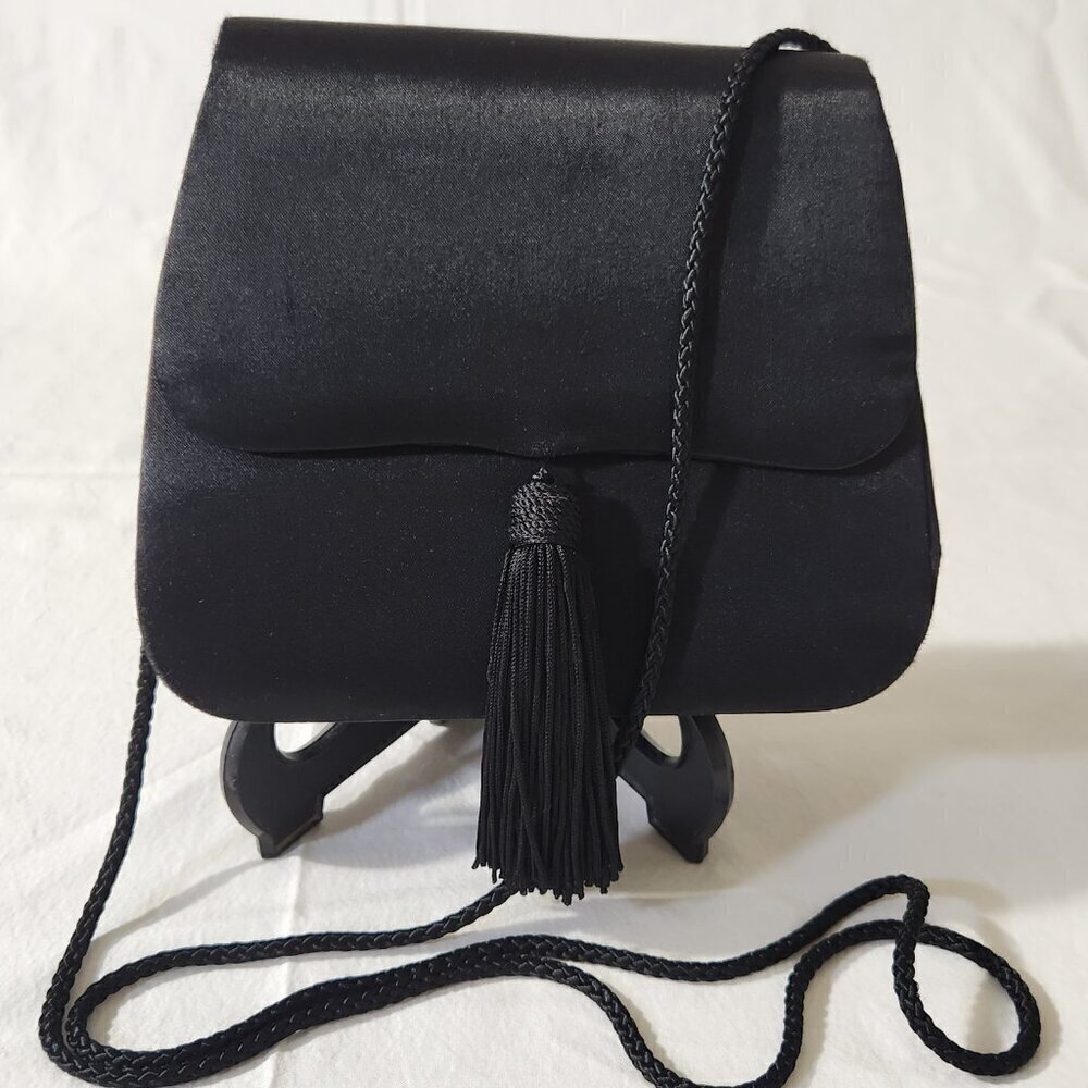 La Regale Women's Black Handmade Satin Tasseled Crossbody Clutch Evening Classic